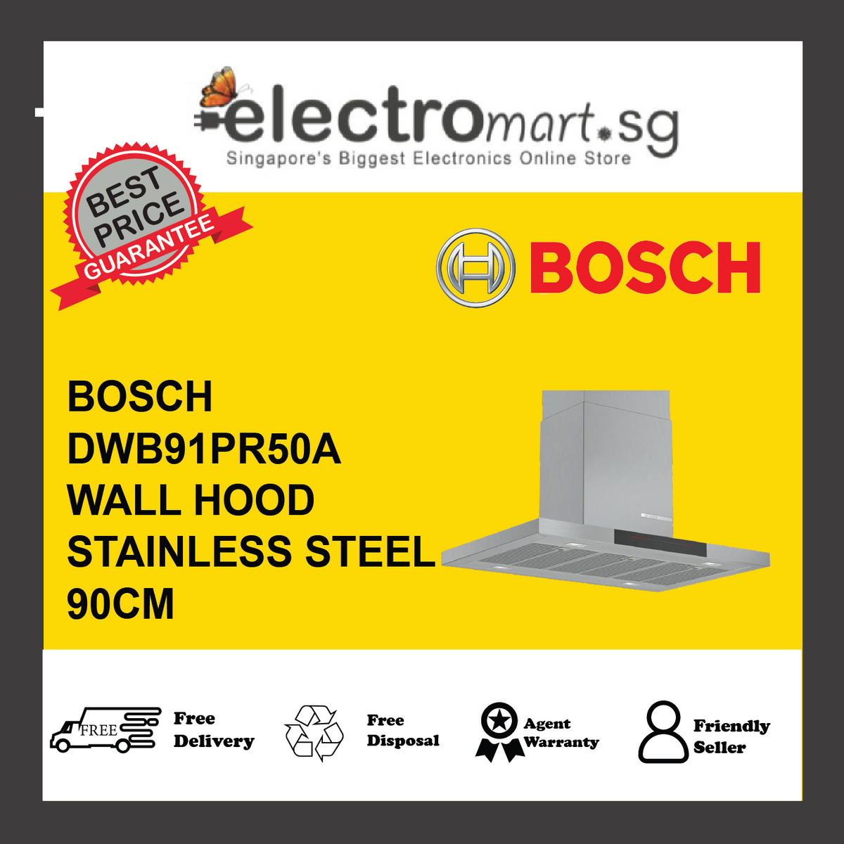 BOSCH DWB91PR50A Series 8 Wall-mounted canopy rangehood 90cm