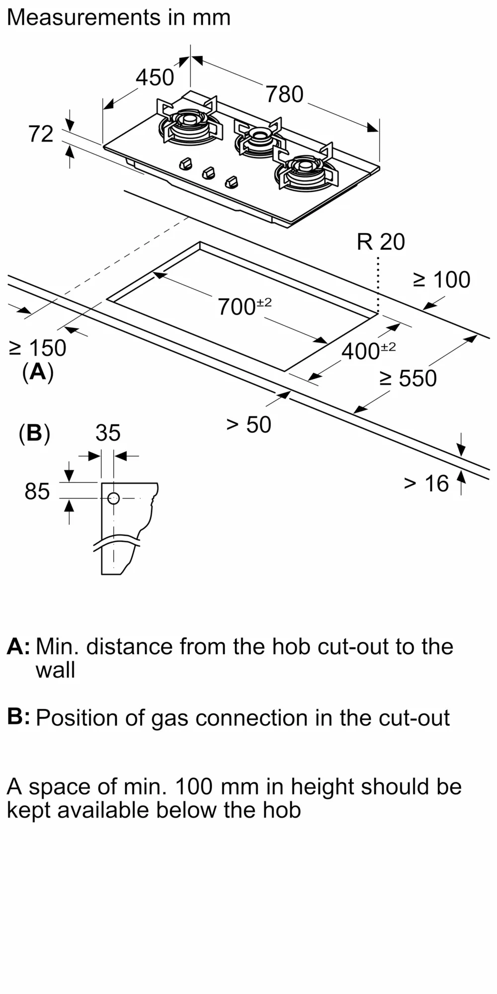 BOSCH PMD83D31AF Series 4 Gas hob 78 cm Tempered glass