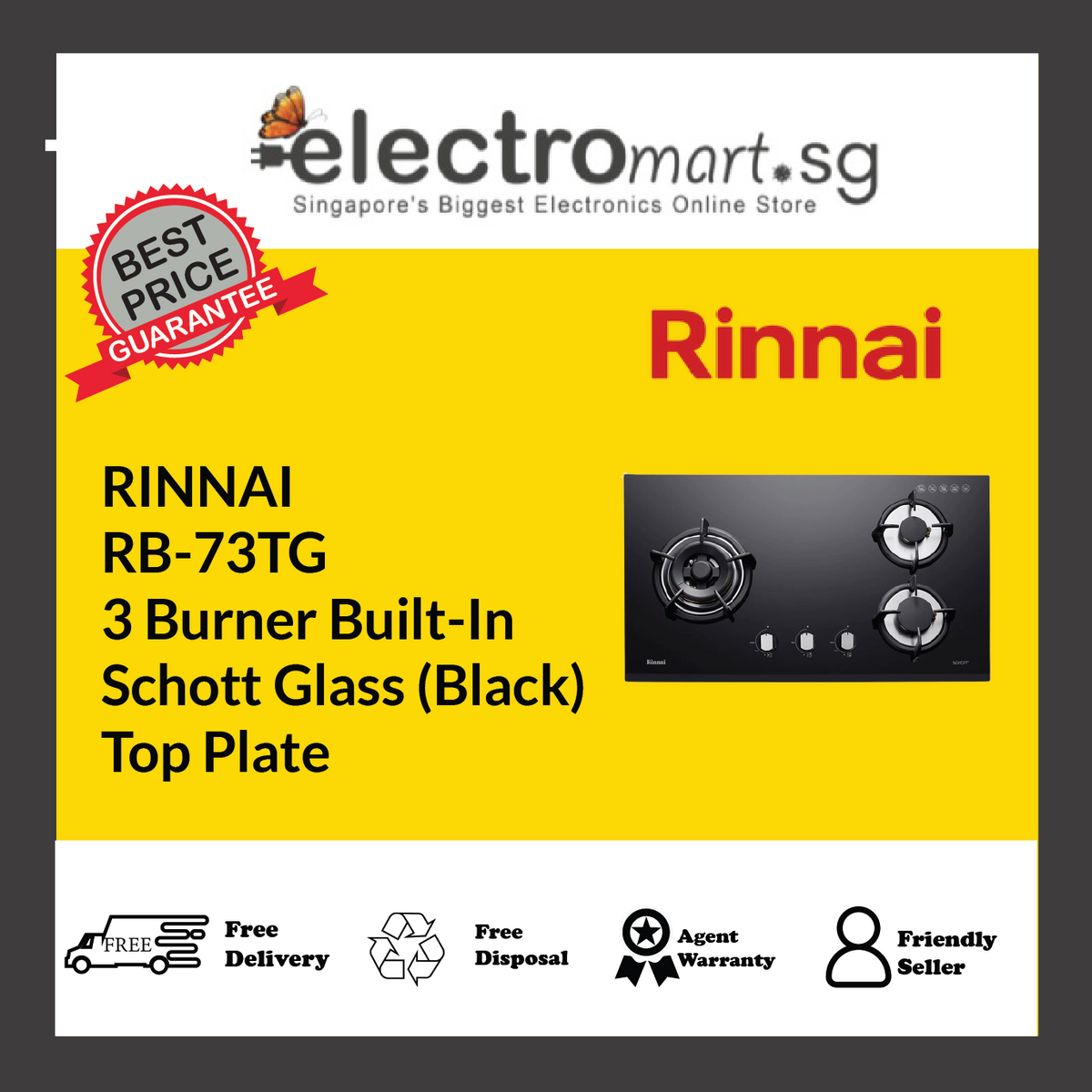 RINNAI RB-73TG 3 Burner Built-In Schott Glass (Black) Top Plate