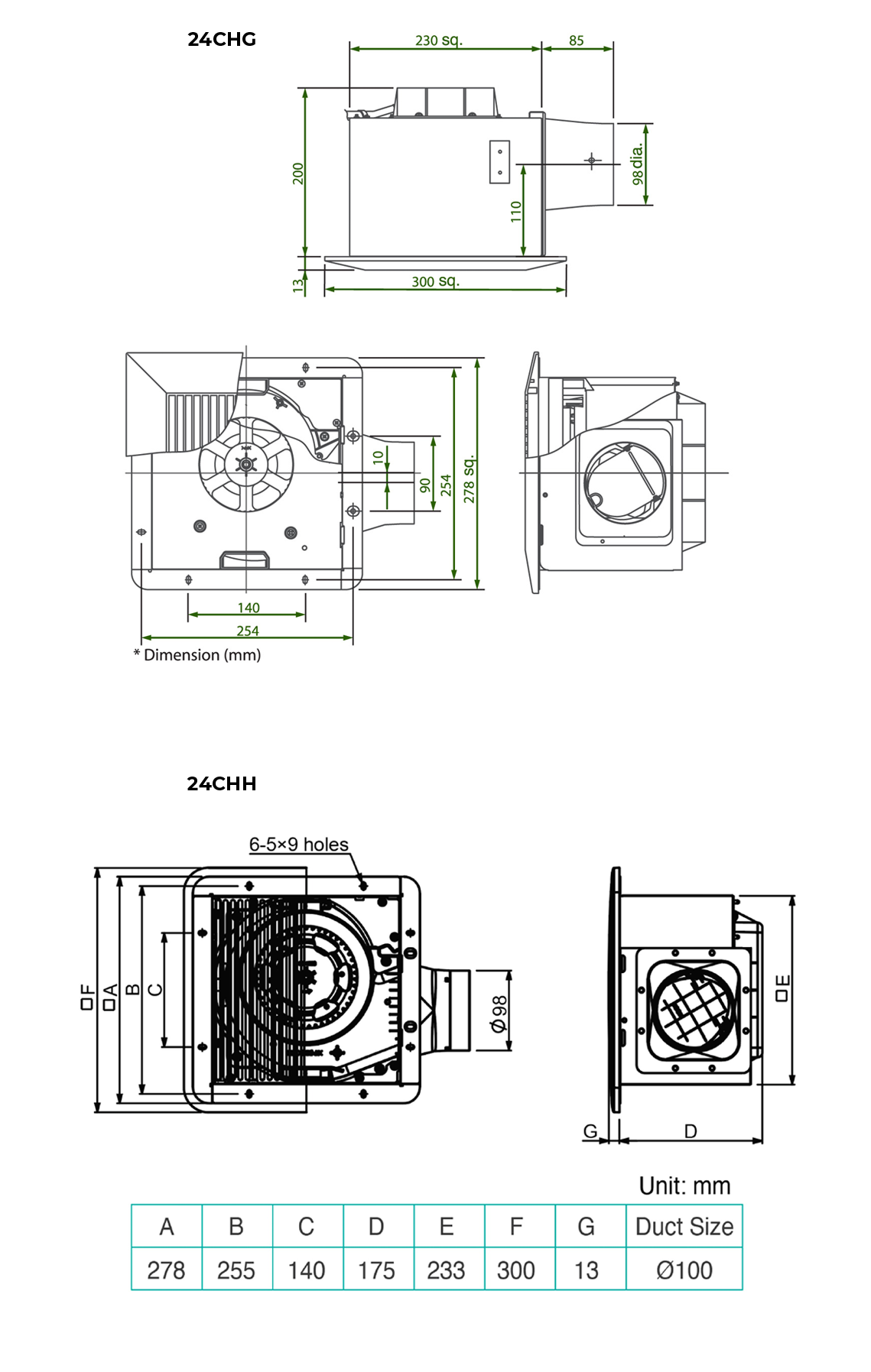 KDK 24CHH Ceiling Mount Ventilating Exhaust Fan Steel Type with 2 Speed Motor