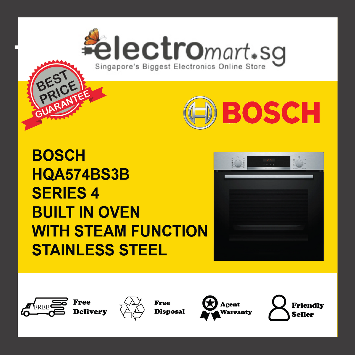 BOSCH HQA574BS3B Series 4 Pyrolytic Multifunction Single Oven – STAINLESS STEEL