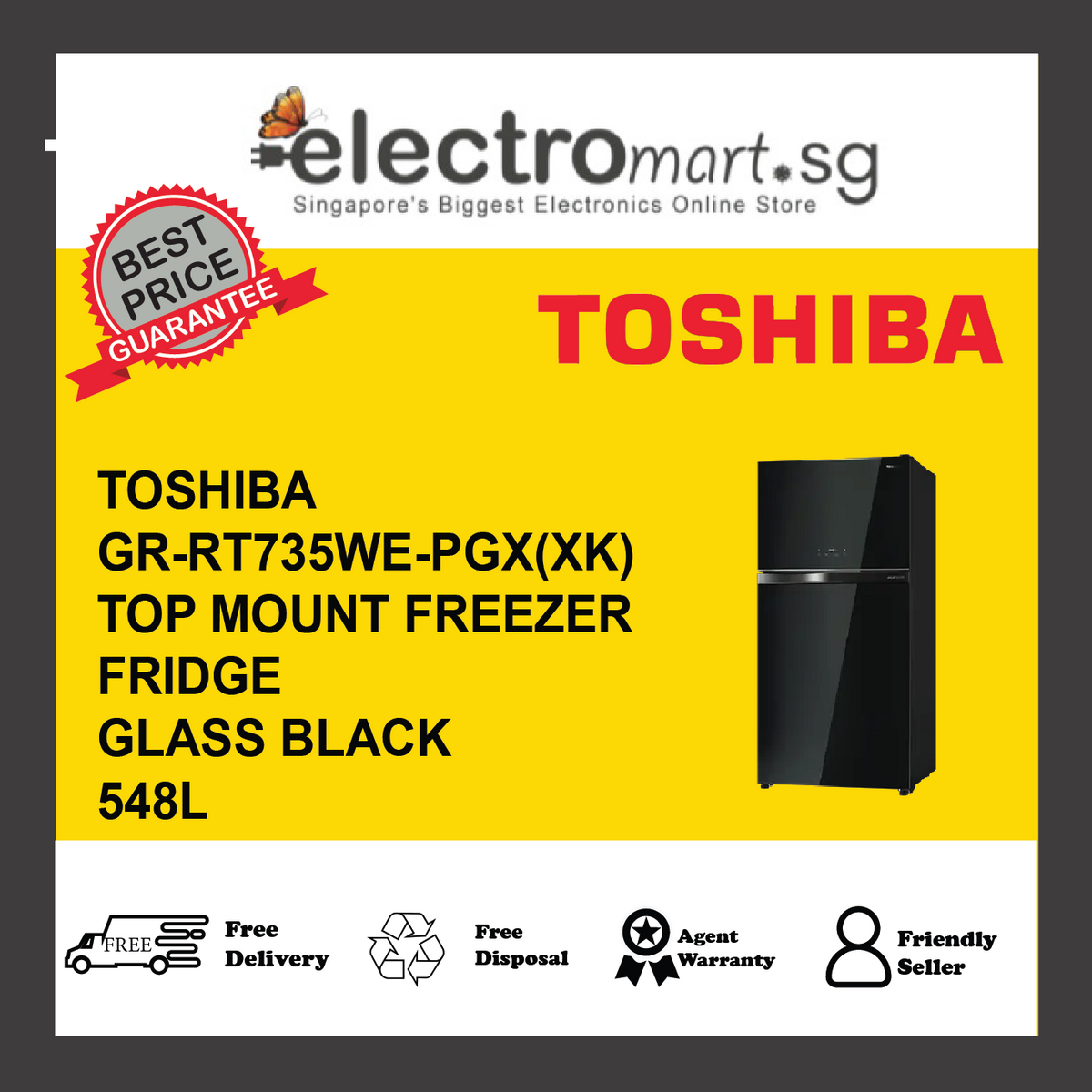 TOSHIBA GR-RT735WE-PGX(XK) Top Mount Freezer Fridge, 548L - Black Glass