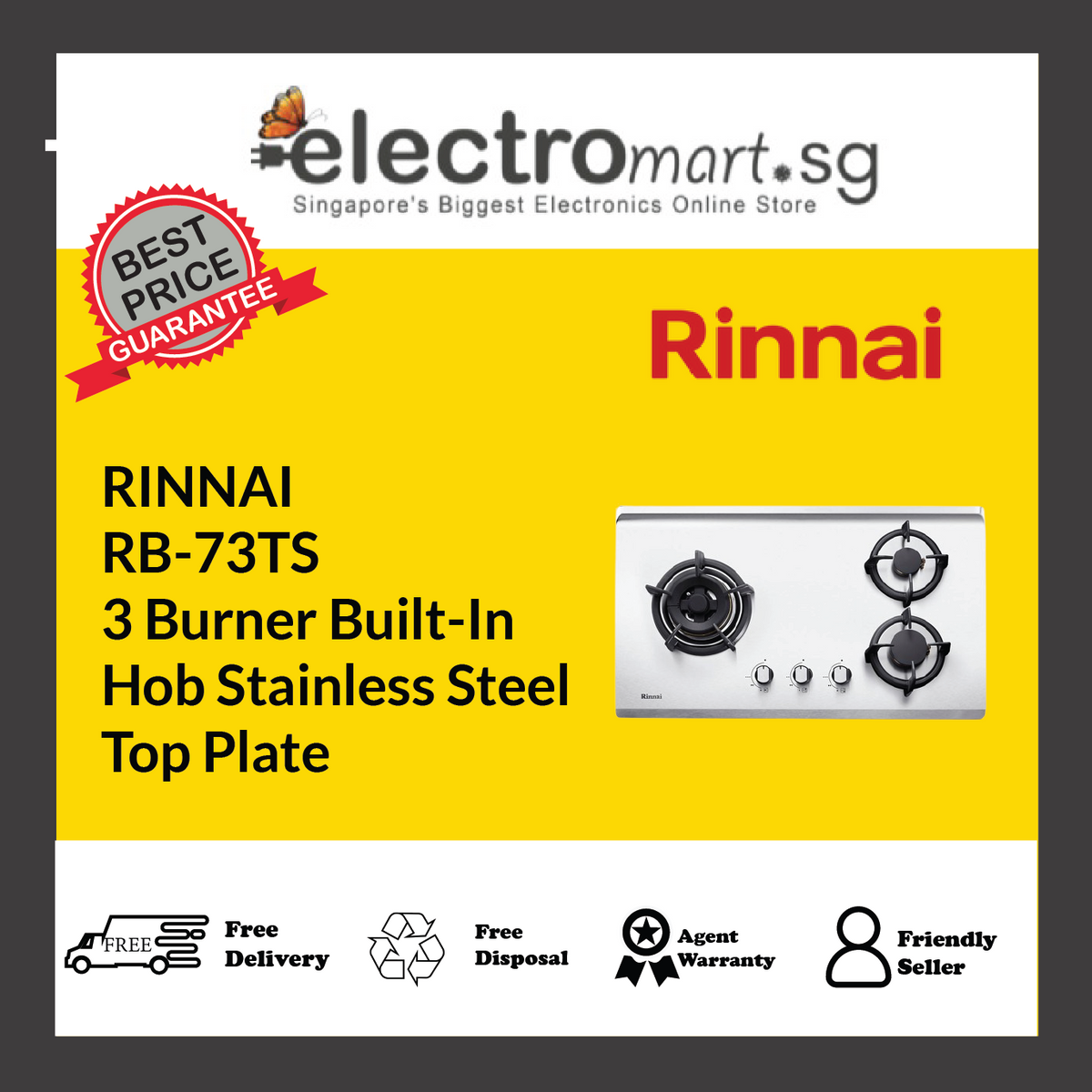 RINNAI RB-73TS 3 Burner Built-In Hob Stainless Steel Top Plate