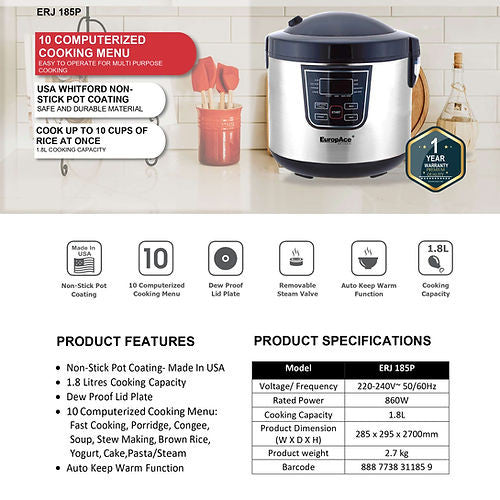 EuropAce ERJ185P Multi-Function Rice Cooker 1.8L