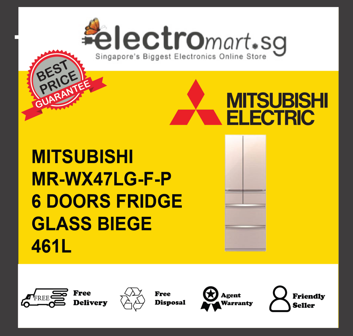 Mitsubishi MR-WX47LG-F-P 461L 6 Door Fridge - Glass Beige