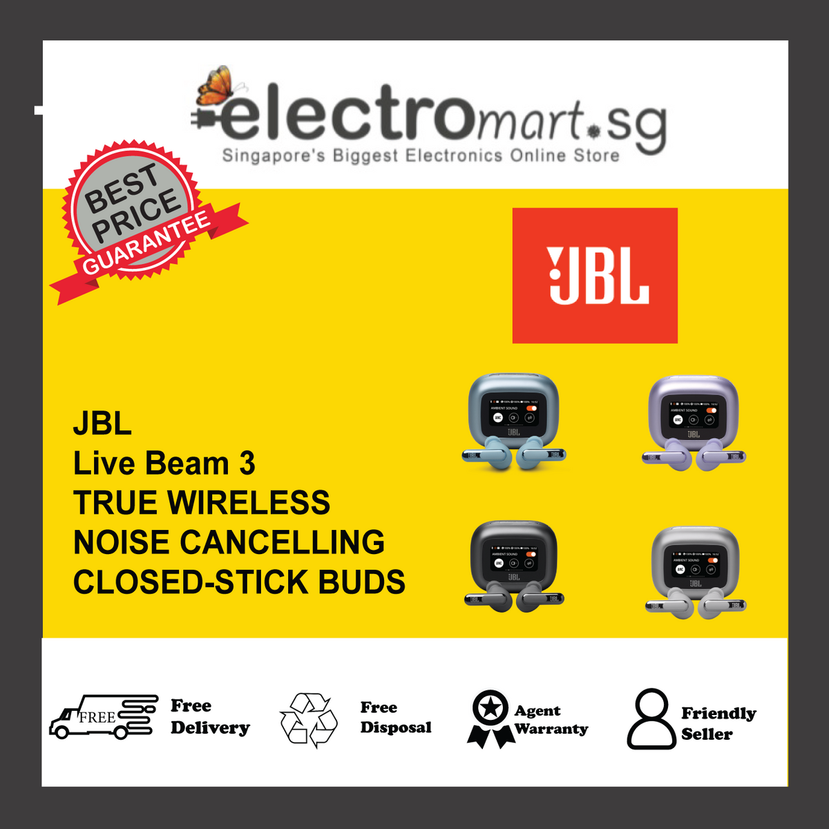 JBL Live Beam 3 True wireless noise-cancelling earbuds with stick-closed design and Smart Charging Case