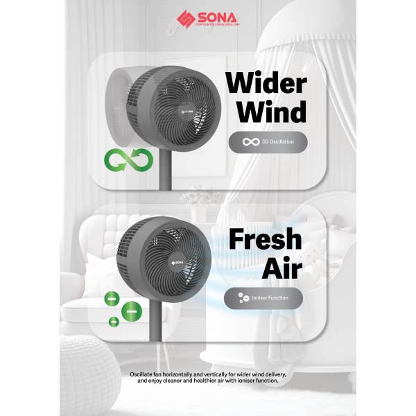 SONA SFS 9006DC 3 -In-1 DC High Velocity Fan 9"