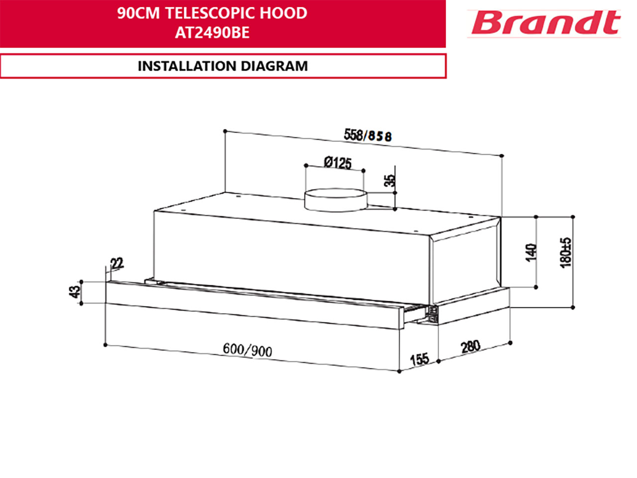 BRANDT AT2490BE Telescopic Hood 90cm