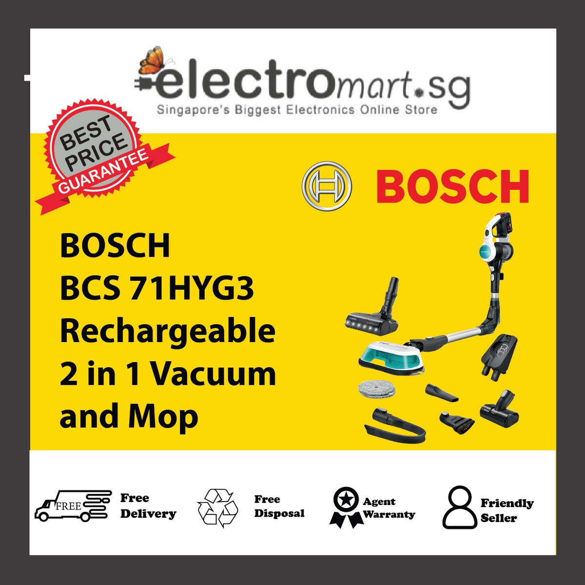 BOSCH BCS 71HYG3 Rechargeable 2 in 1 Vacuum and Mop Unlimited 7 ProHygienic Aqua White