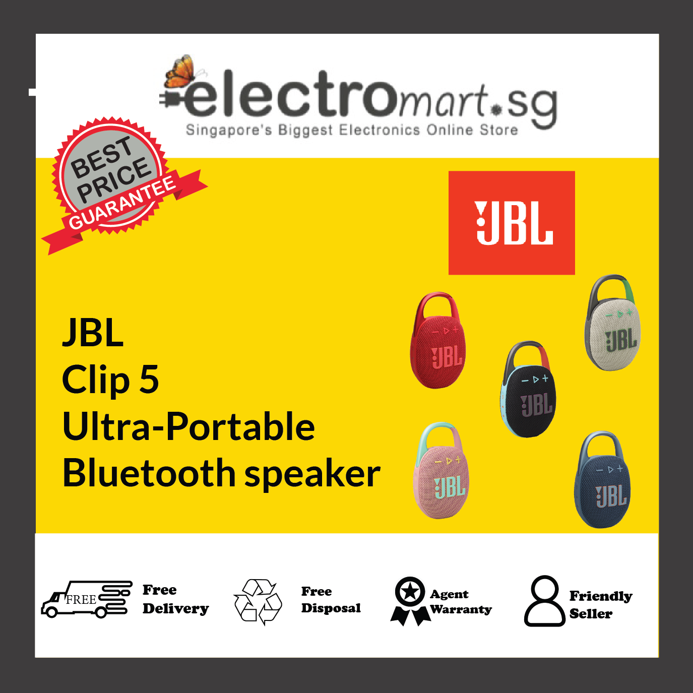 JBL CLIP 5 Ultra-Portable, Waterproof & Dustproof Bluetooth Speaker, Big Pro Sound with Punchy bass, Integrated Carabiner, Up to 12 Hours of Play