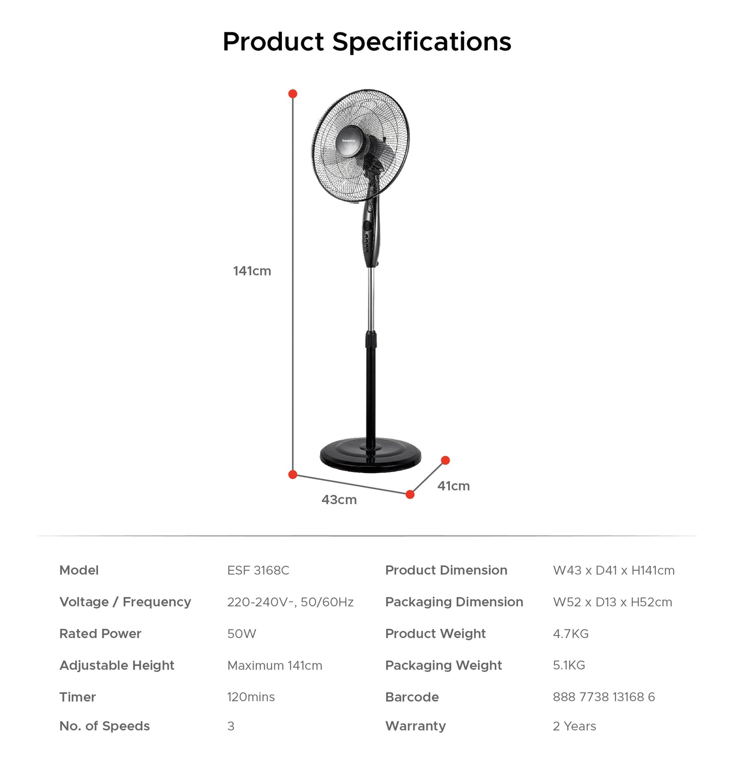 EUROPACE ESF3168C Manual Stand Fan 16”