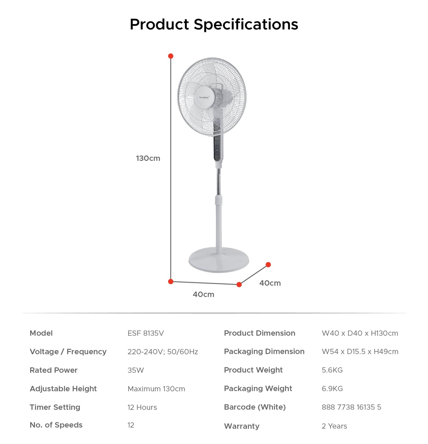 EUROPACE ESF8135V DC Motor Stand Fan 16”