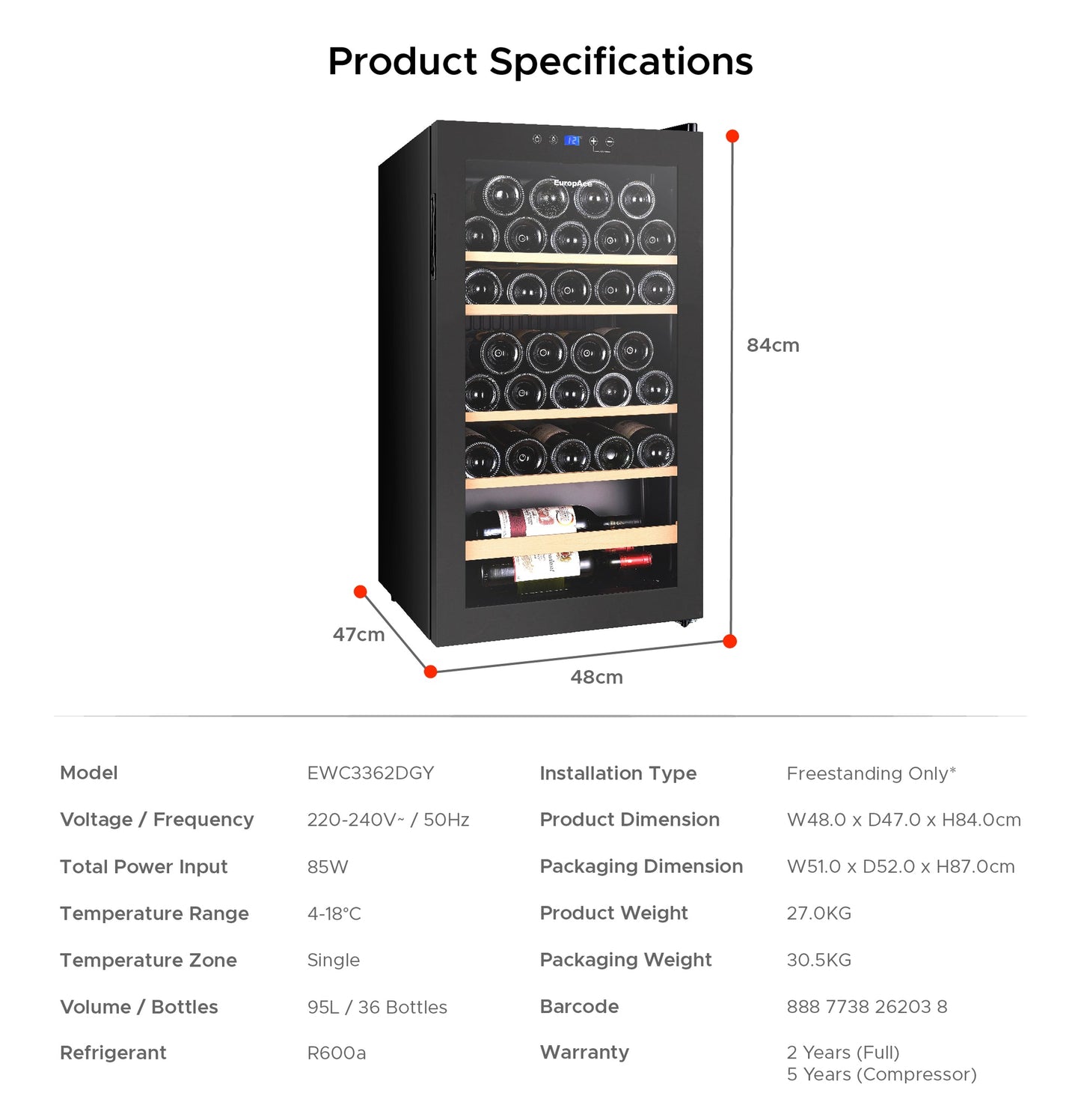 EUROPACE EWC3362DGY Wine Chiller 36 Bottles