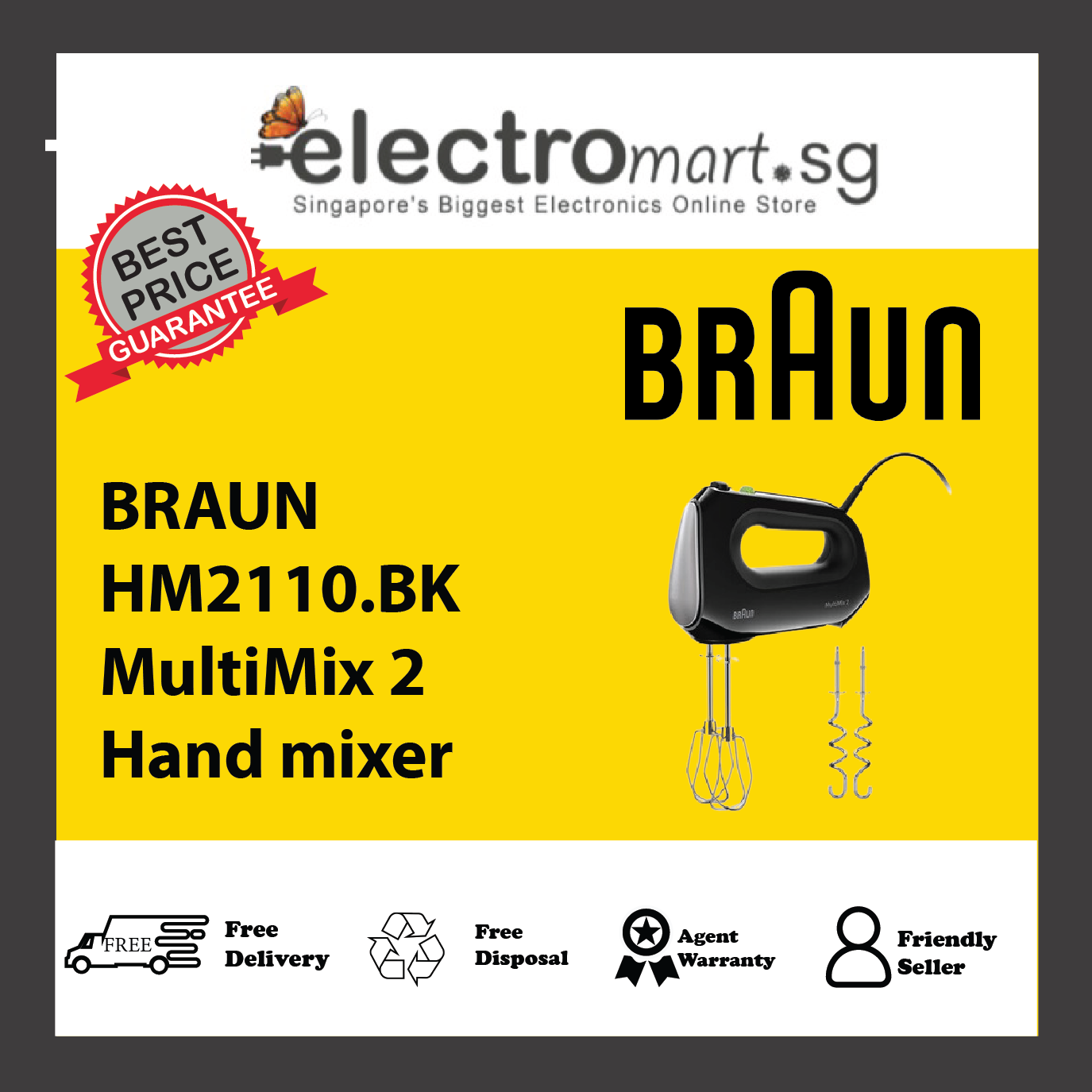 Braun Household MultiMix 2 HM2110BK Handmixer - 500W Mit 4 Stufen + Turbo, SlowStart, EasyClick, Schwarz