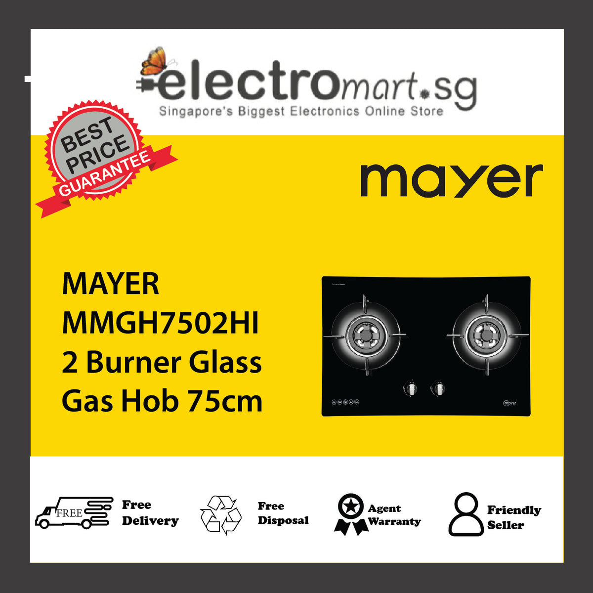 MAYER MMGH7502HI 2 Burner Glass Gas Hob 75cm