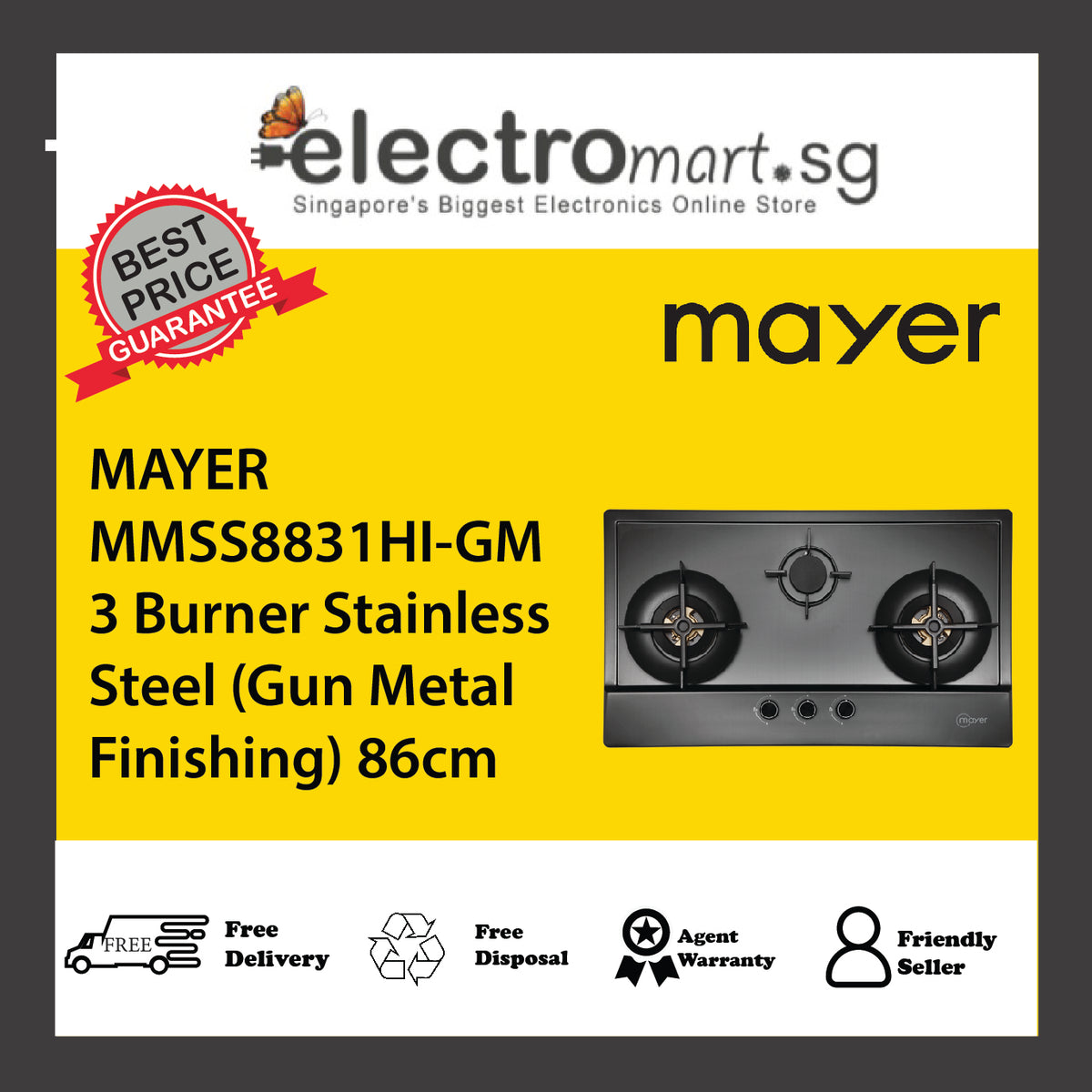MAYER MMSS8831HI-GM 3 Burner Stainless Steel Gas Hob (Gun Metal Finishing) 86cm