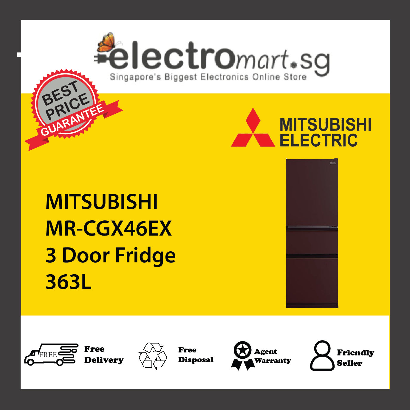 MITSUBISHI MR-CGX46EX 3 Door Fridge 363L – Electromart.sg Pte Ltd