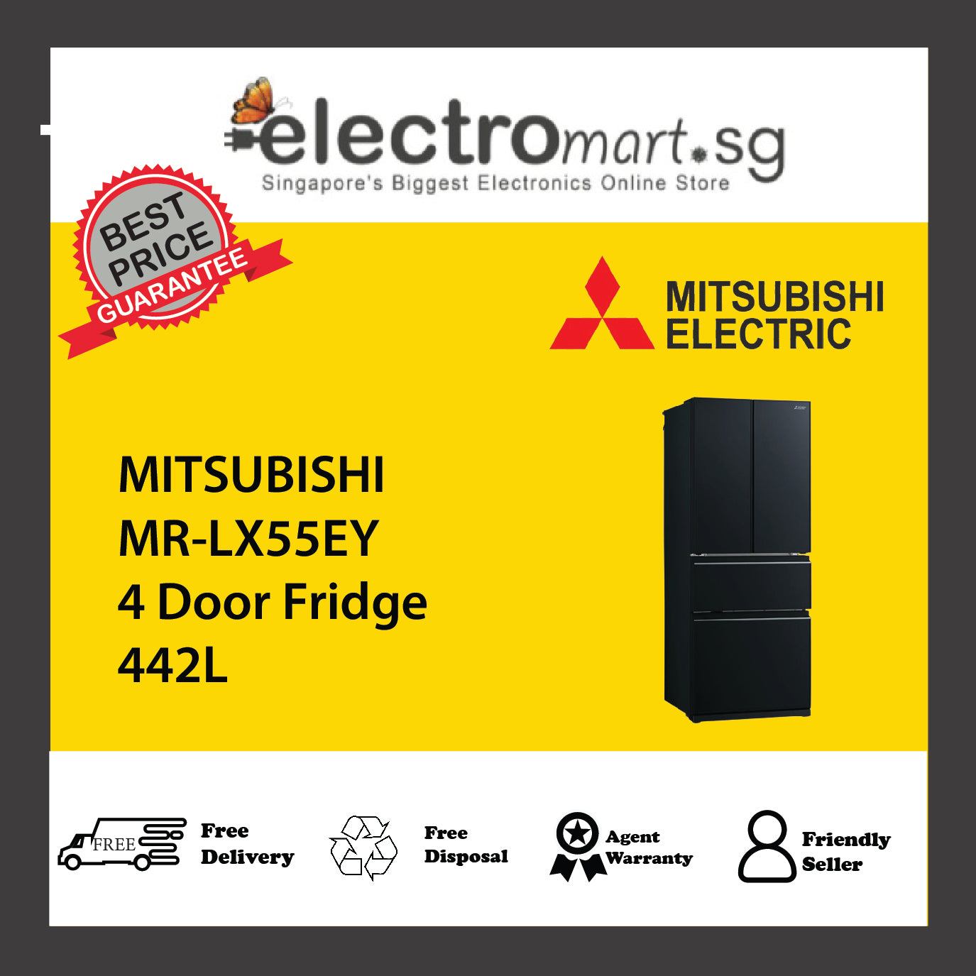 MITSUBISHI MR-LX55EY 4 Door Fridge 442L – Electromart.sg Pte Ltd