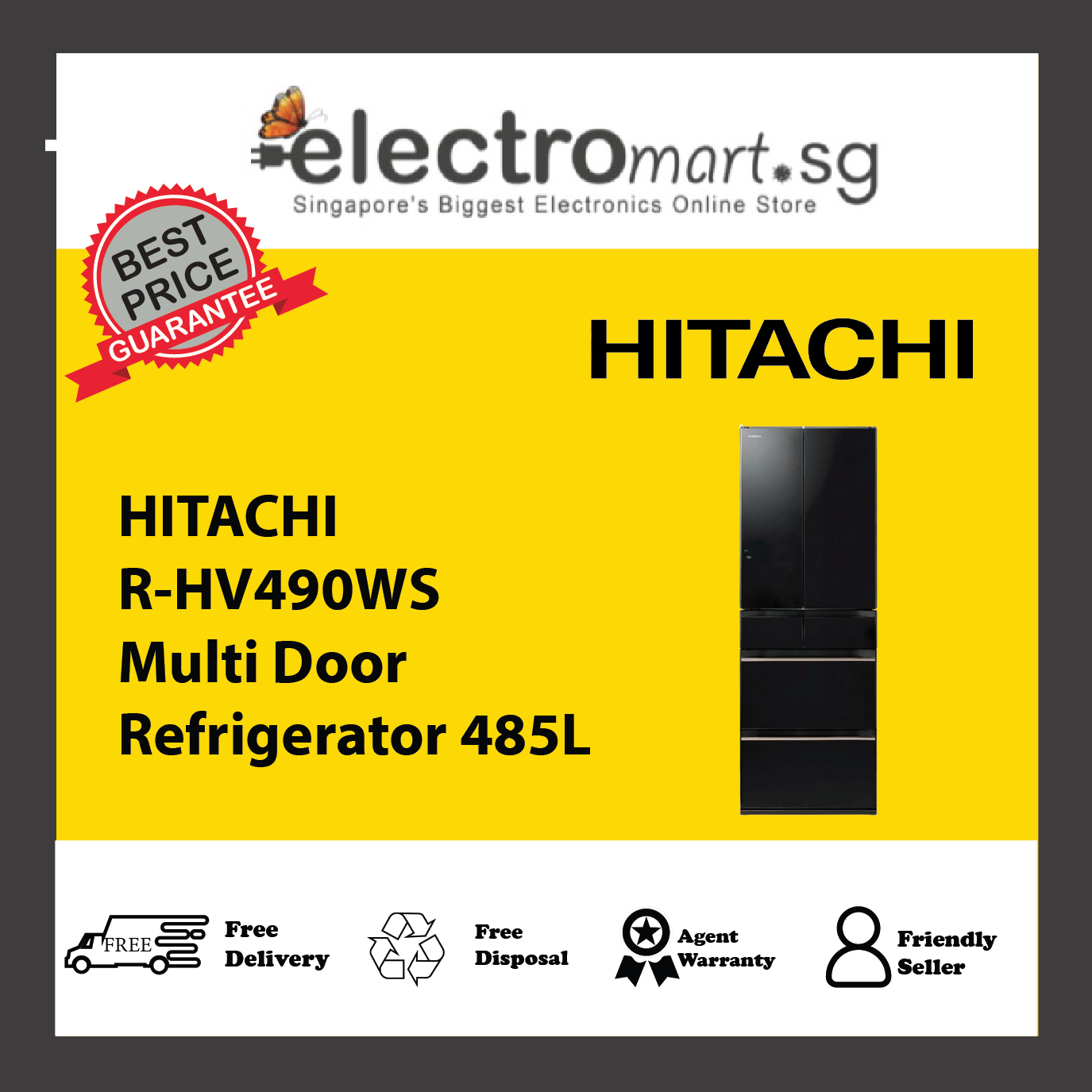 HITACHI R-HV490WS Multi Door Refrigerator 485L – Electromart.sg