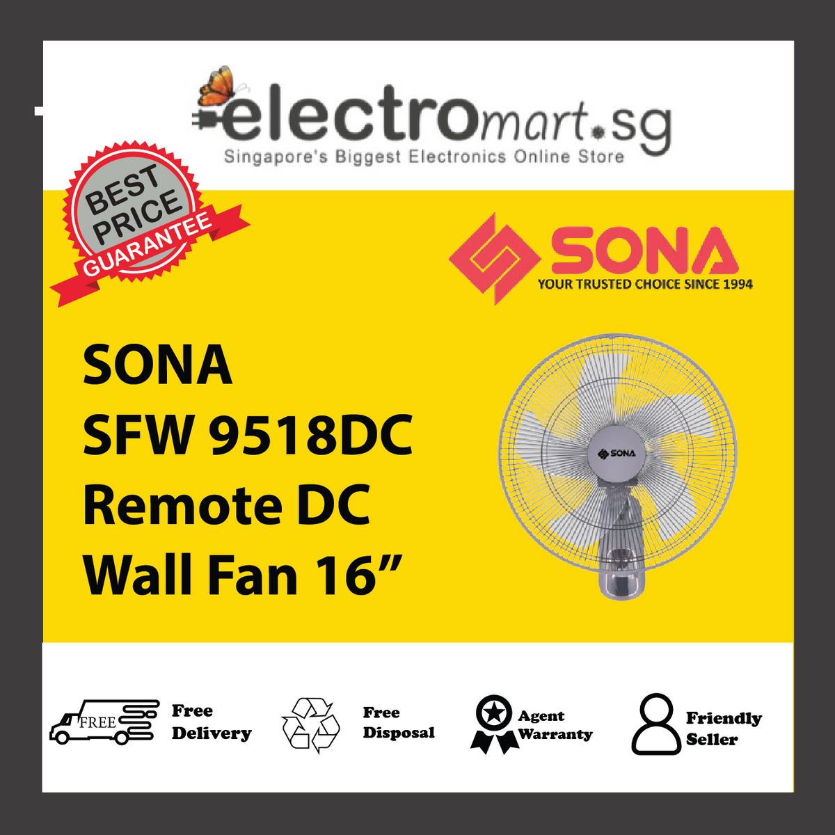 SONA SFW 9518DC Remote DC Wall Fan 16”