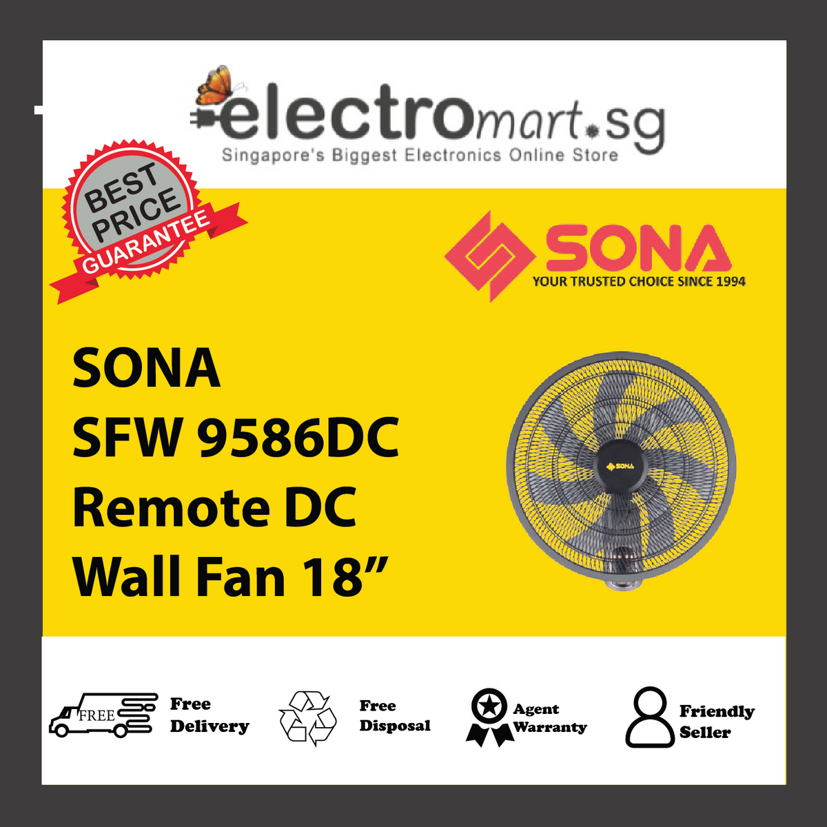 SONA SFW 9586DC Remote DC Wall Fan 18”