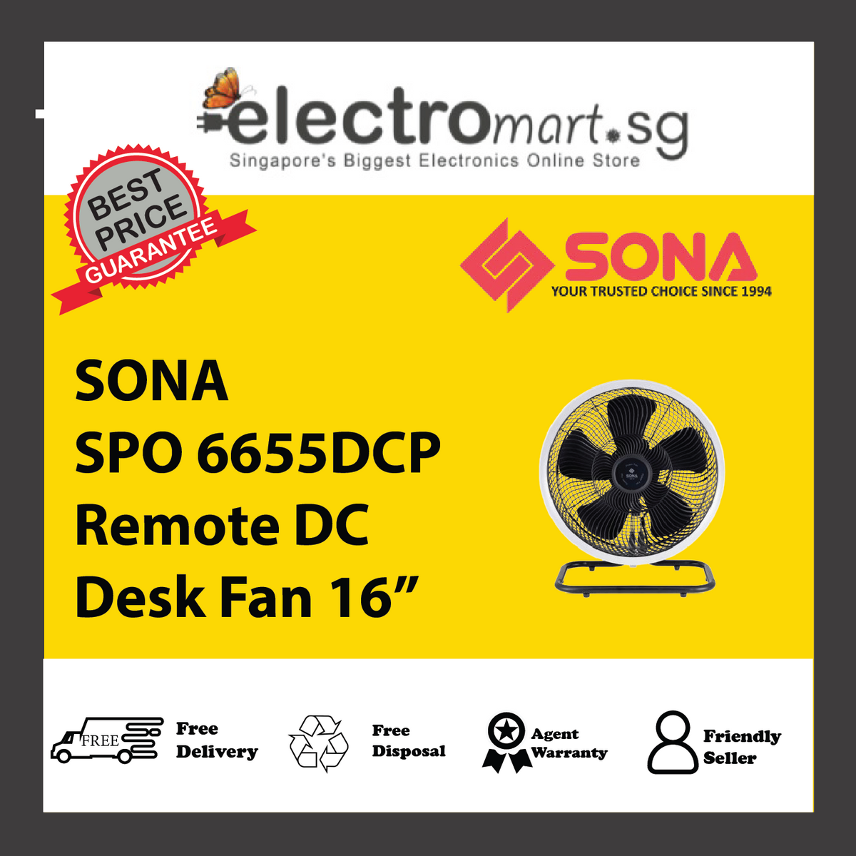 SONA SPO 6655DCP Remote DC Desk Fan 16”