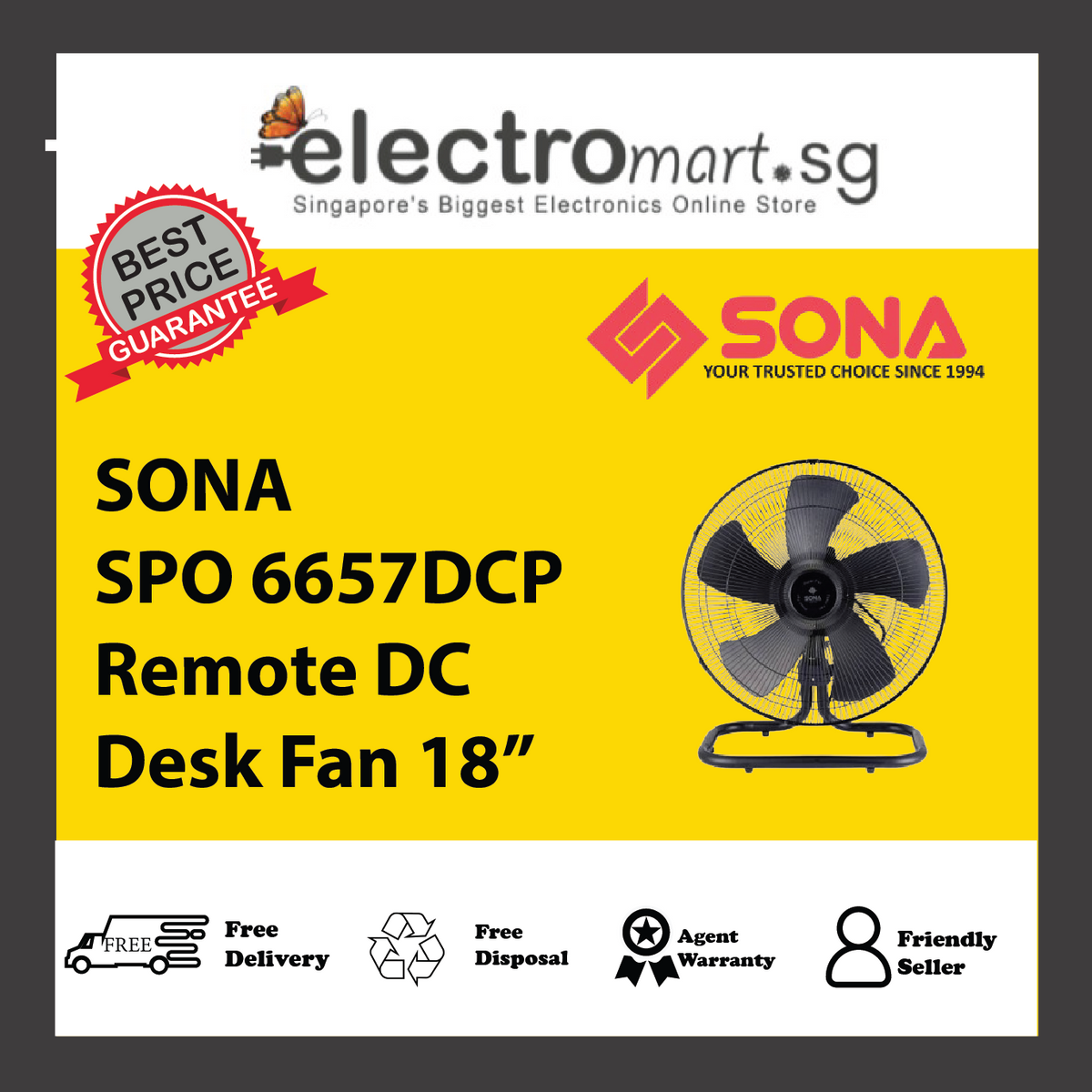 SONA SPO 6657DCP Remote DC Desk Fan 18”