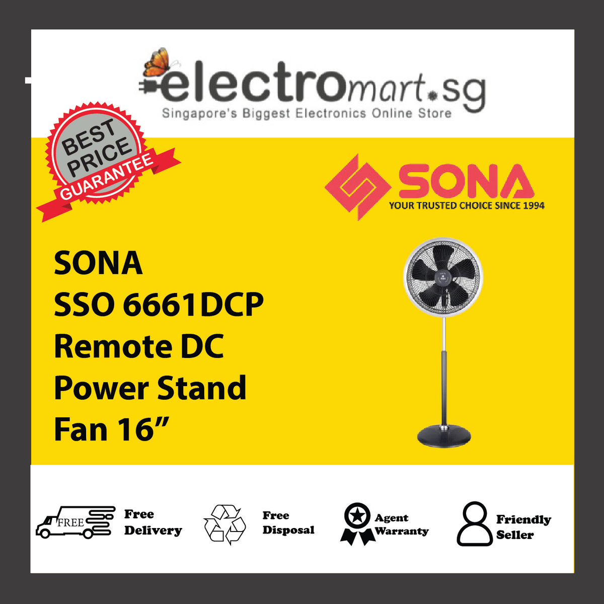 SONA SSO 6661DCP Remote DC Power Stand Fan 16”