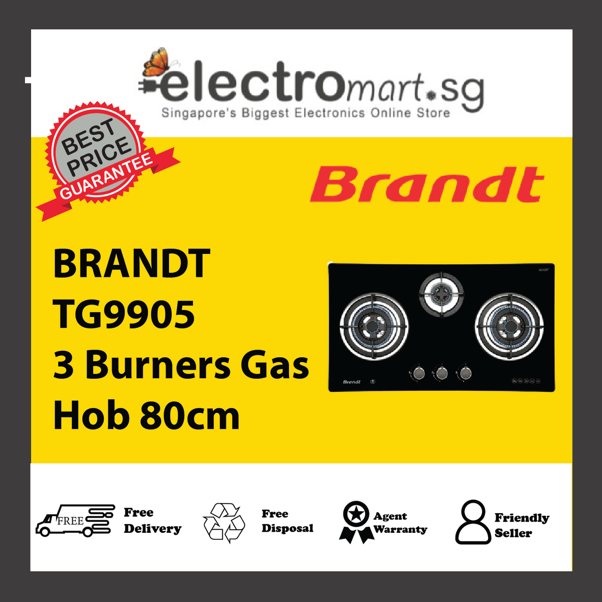 BRANDT TG9905BBP/BBL 3 Burners Gas Hob 80cm