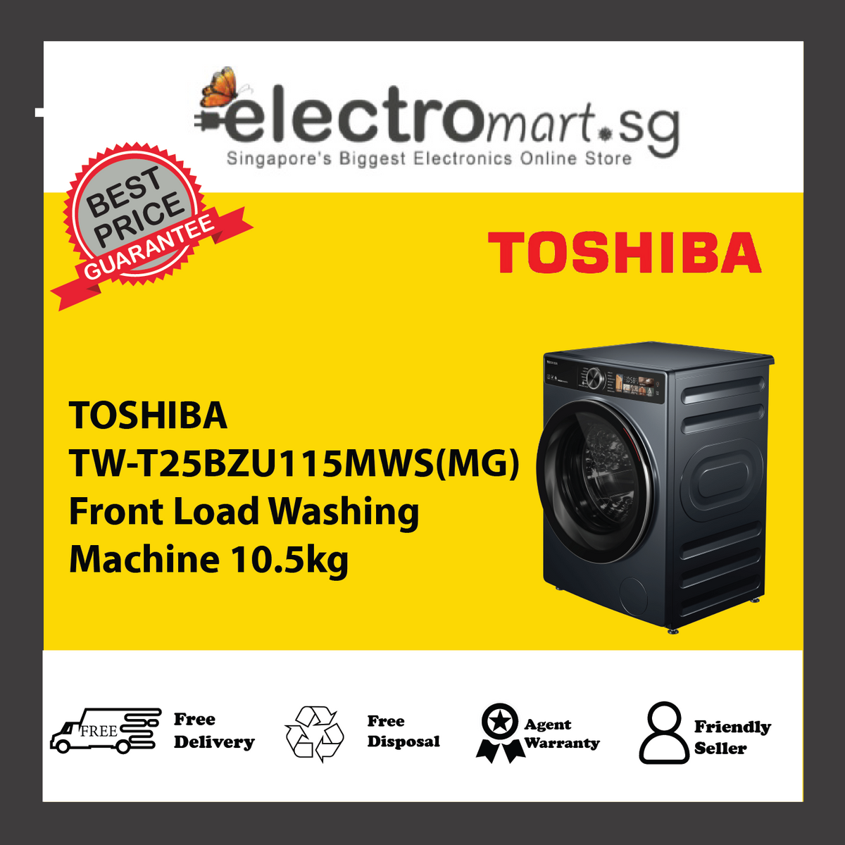 TOSHIBA TW-T25BZU115MWS(MG) 10.5 KG Front Load Washing Machine - Dark Grey