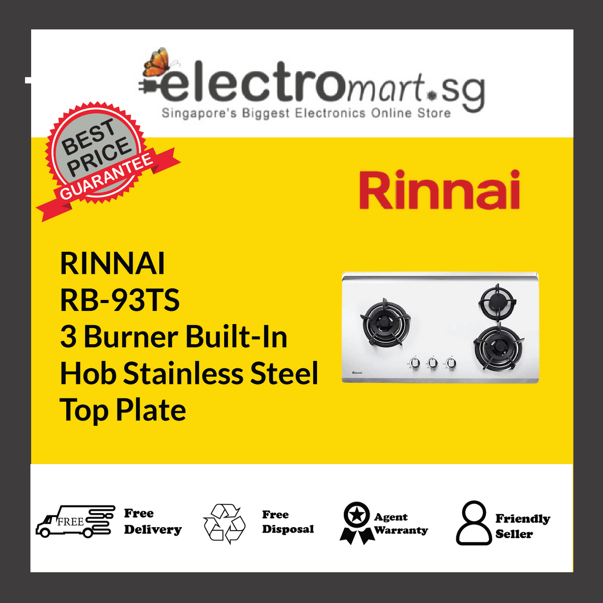 RINNAI RB-93TS 3 Burner Built-In Hob Stainless Steel Top Plate