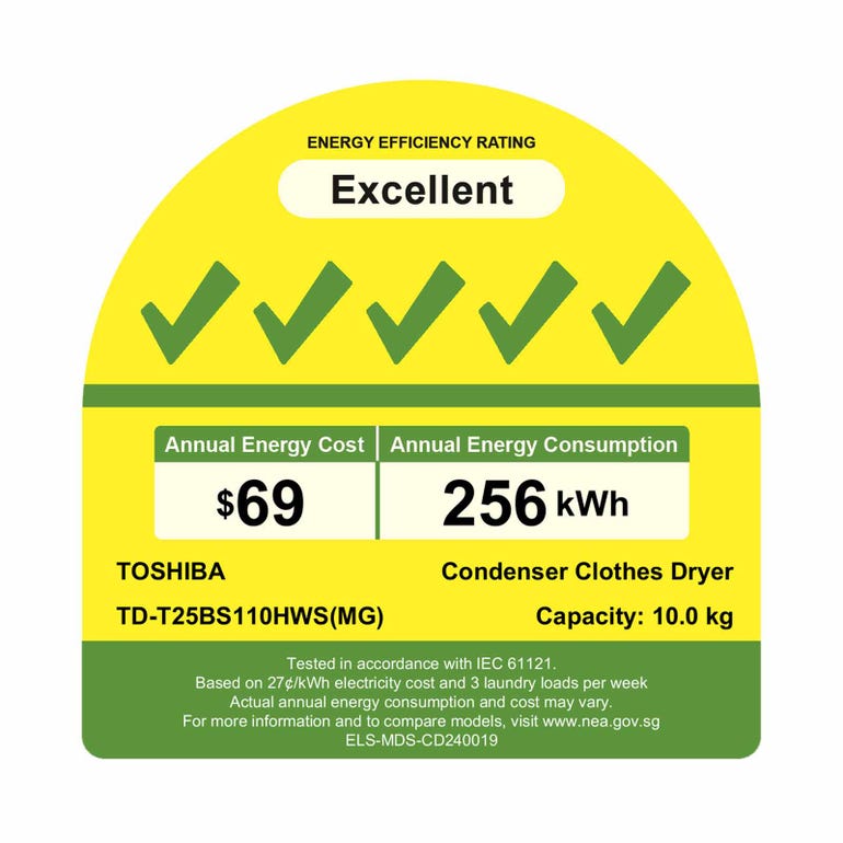 TOSHIBA TD-T25BS110HWS(MG) Front Load Heat Pump Tumble Dryer, 10KGS