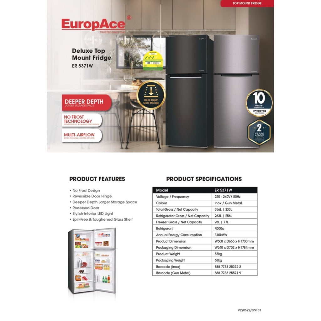 EuropAce ER 5371W 400L 2-Door Frost Free Top Freezer Fridge
