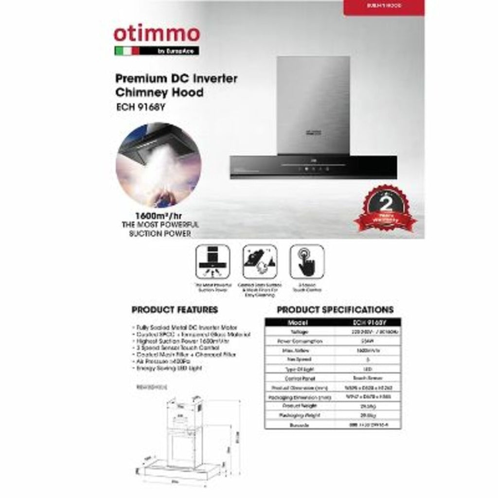 EuropAce Otimmo ECH 9168Y + EIH 5220V 90cm Premium T-Shaped Chimney Hood + Built-in Hod Vitroceramic