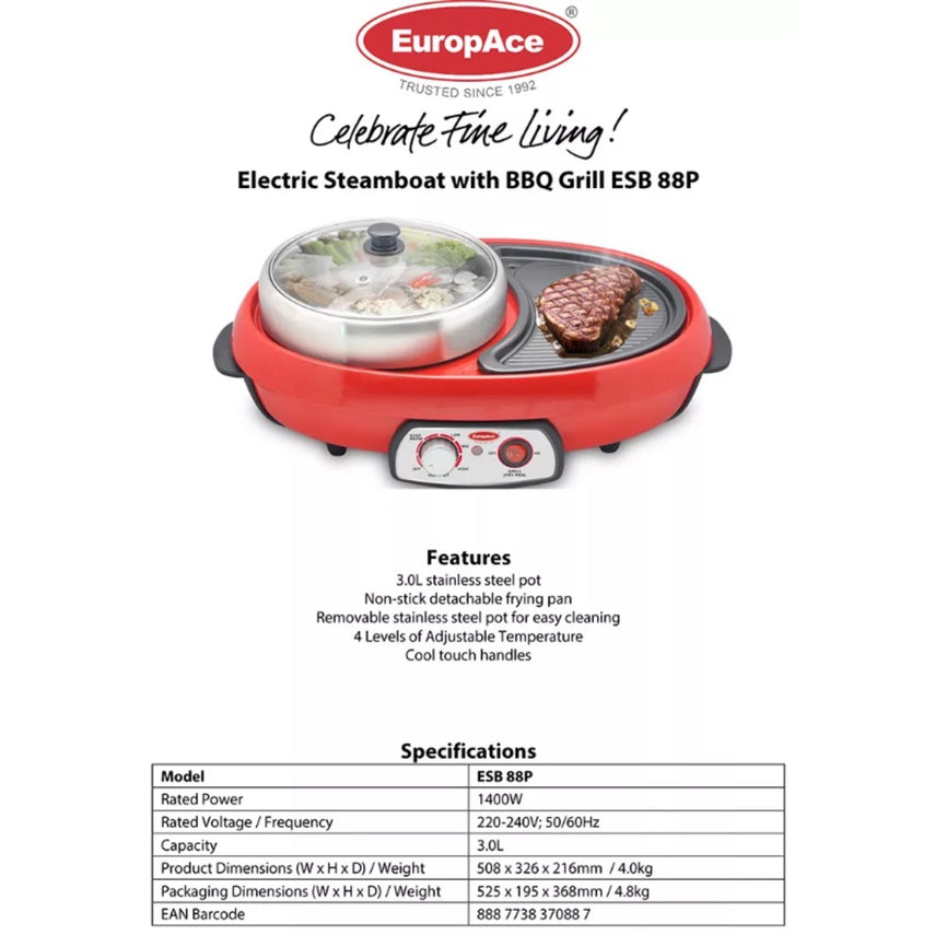 EUROPACE ESB 88P 3.0L Electric Steamboat with BBQ Grill (Black)