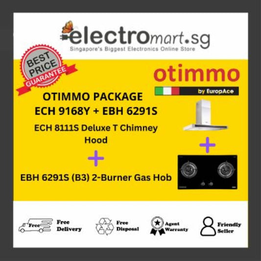 EuropAce Otimmo ECH 9168Y + EBH 6291S 90cm Premium T-Shaped Chimney Hood + 2-Burner Gas Hob