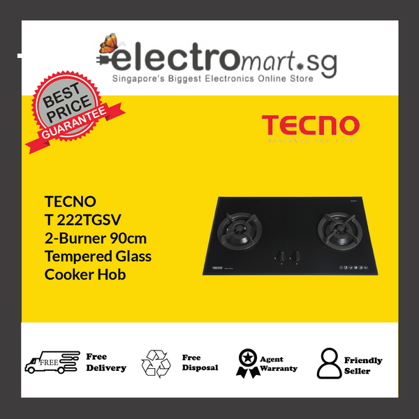 TECNO T 222TGSV 2-Burner 90cm  Tempered Glass  Cooker Hob