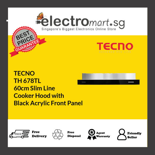 TECNO TH 678TL 60cm Slim Line  Cooker Hood with  Black Acrylic Front Panel