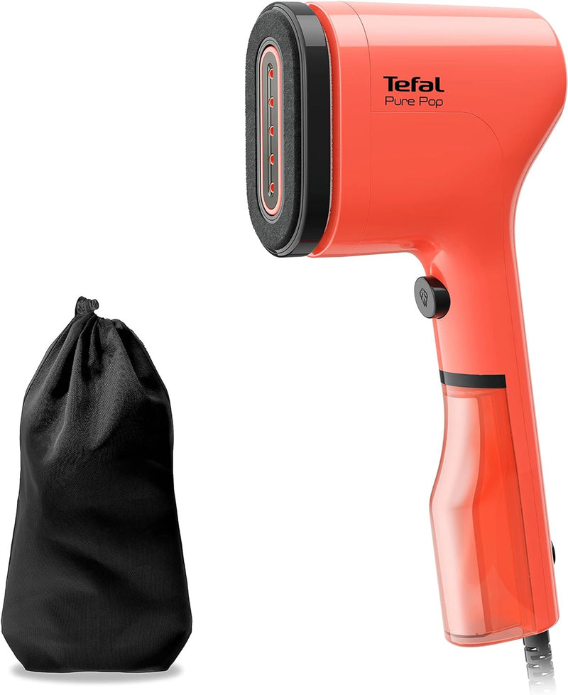 TEFAL DT2022 Pure Pop Steam Brush | 1300W | 70ml Water Tank | Removes up to 99.99% of Viruses/Bacteria/Germs | Fast Heating | 20g/min Continuous Steam Release | Coral Red/Black