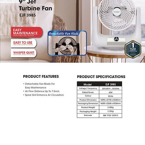 EuropAce EJF398S Jet Turbine  Digital Fan  9”