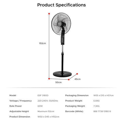 EuropAce ESF3180D Stand Fan  18”