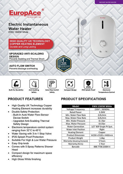 EUROPACE EWH1500W INSTANT WATER HEATER