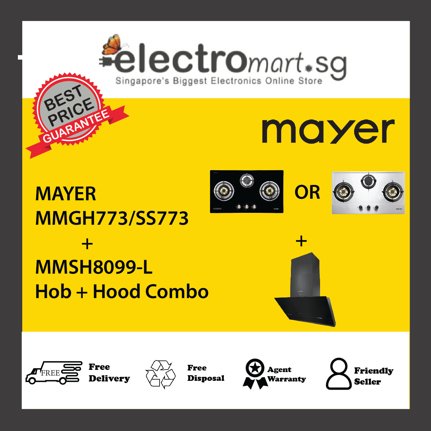 Mayer MMGH773/SS773 + MMSH8099-L Hob + Hood Combo