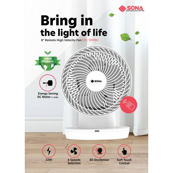 SONA STC 1319DC Remote High Velocity Fan 8"