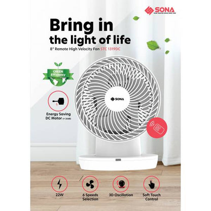 SONA STC 1319DC Remote High Velocity Fan 8"