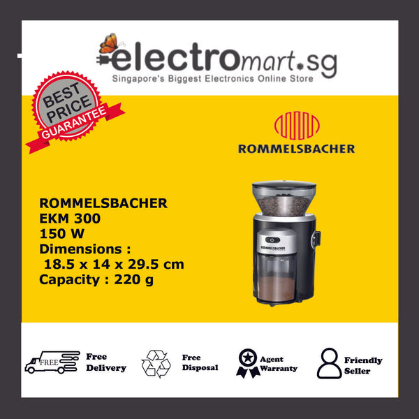 Rommelsbacher EKM 300 Coffee Mill with Conical Burr Grinder 150w 220 Grams Large Storage Capacity