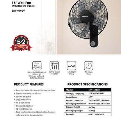 EuropAce EWF6162V  Wall Fan With Remote 16”
