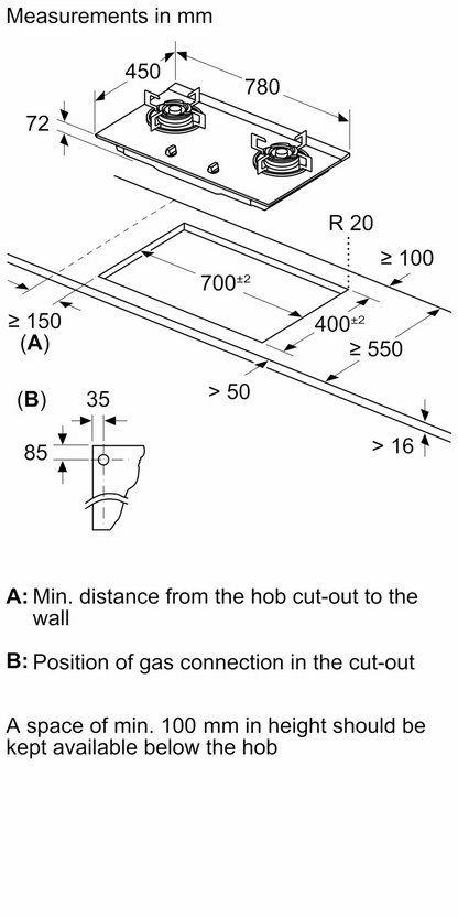 BOSCH PMD82D31AF Series 4 Gas hob 78 cm Tempered glass