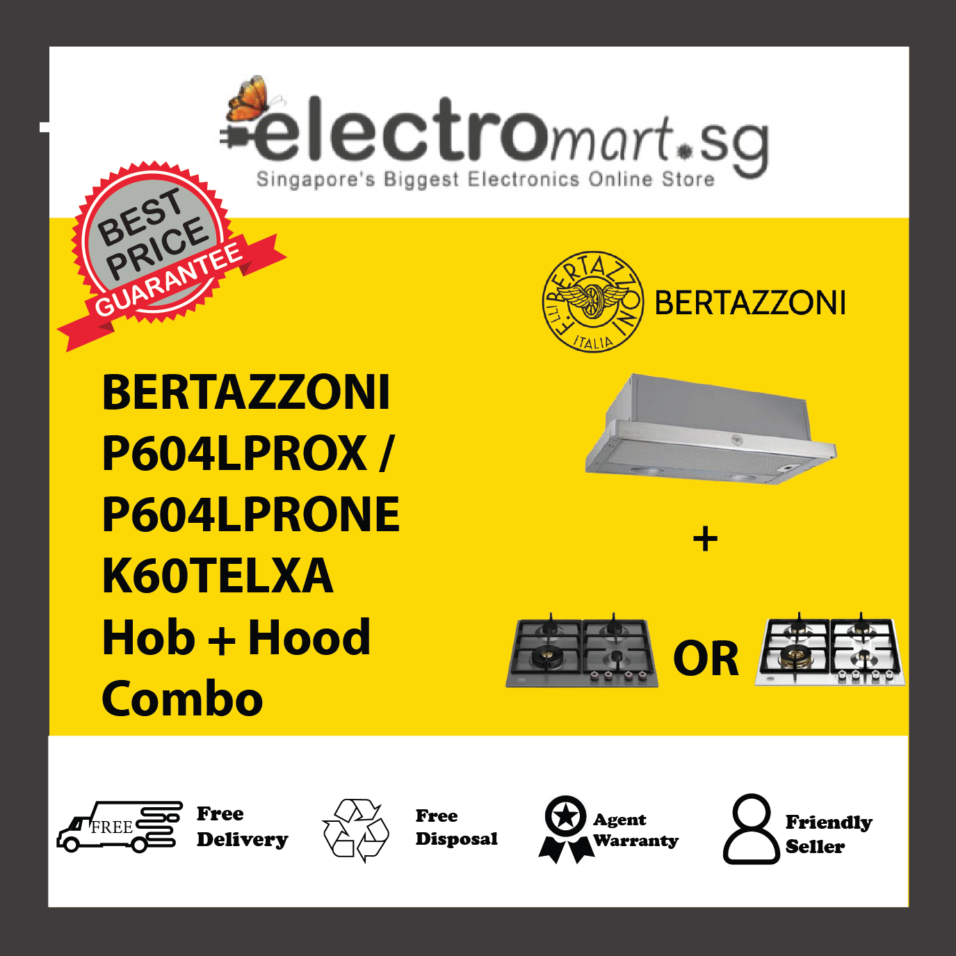 BERTAZZONI P604LPROX / P604LPRONE K60TELXA Hob + Hood Combo