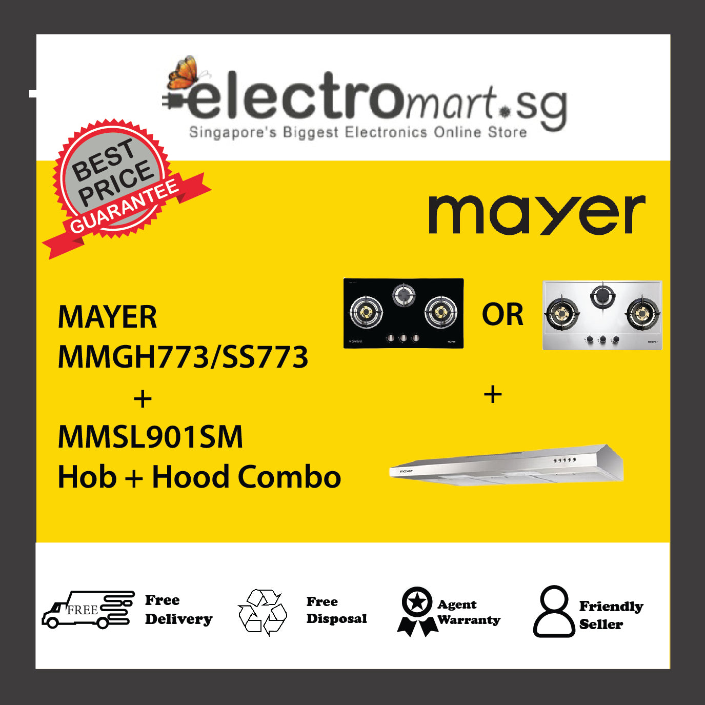 Mayer MMGH773/SS773 + MMSL901SMHob + Hood Combo